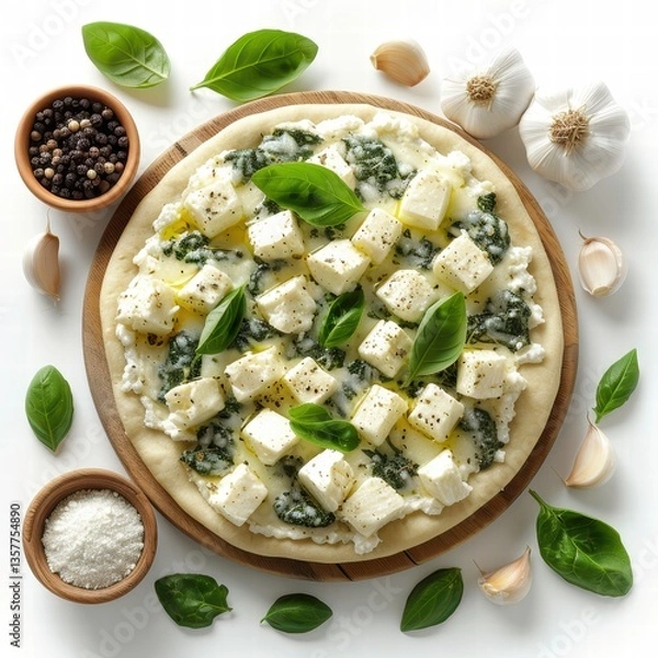 Fototapeta Unbaked White Pizza with Spinach, Ricotta, Mozzarella, Garlic, and Basil on Wooden Board