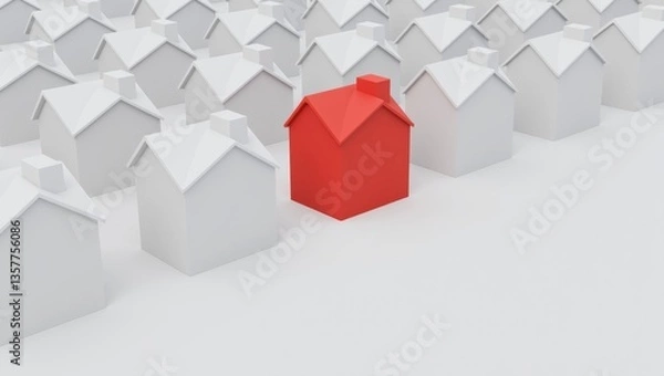 Obraz Minimalist 3d digital rendering of monochromatic houses with a striking red roof in a uniform pattern