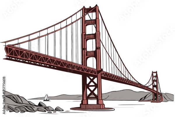 Fototapeta 8 Golden Gate Bridge, San Francisco, iconic landmark, architectural marvel, suspension bridge, red steel structure, towering towers, long cables, engineering feat, bay crossing, detailed illustration,