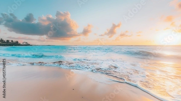 Fototapeta A calm ocean at sunrise, with gentle waves lapping at a pristine sandy beach