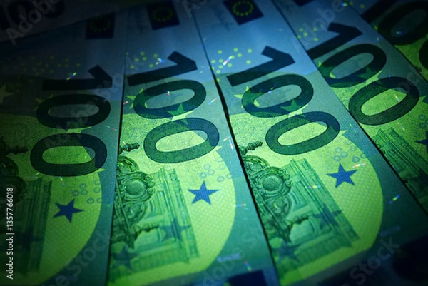 Obraz Security signs and elements on euro banknotes glow under ultraviolet light