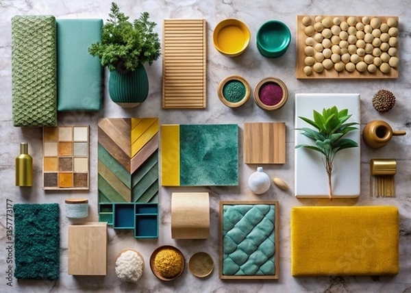 Fototapeta Stylish Home Decor Flat Lay:  Modern Interior Design Elements & Textures