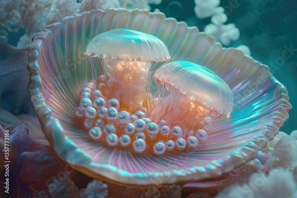 Fototapeta Two iridescent jellyfish rest within a pearly shell, surrounded by luminous pearls in an underwater scene.