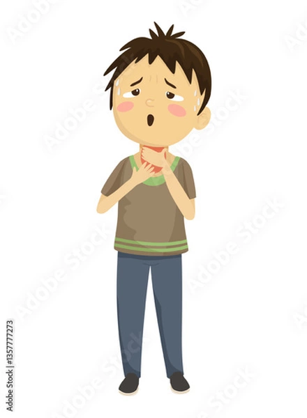 Fototapeta Vector illustration of a boy with a sore throat and fever, holding his neck.