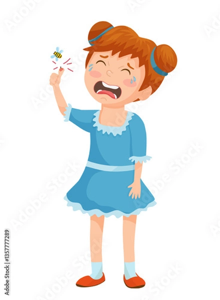 Obraz Vector illustration of a girl crying after being stung by a bee.