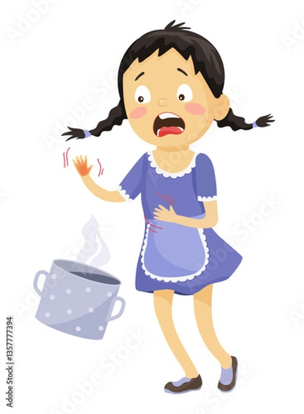 Obraz Vector illustration of a girl with a burn on her hand, crying in pain.