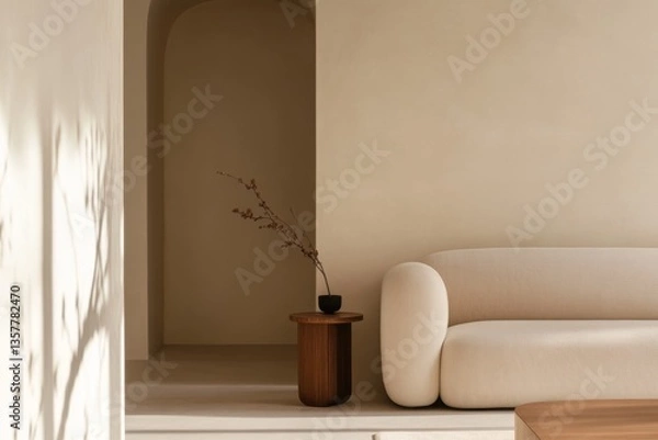 Fototapeta Minimalist living room decorated with cream-colored sofa and small wooden side table