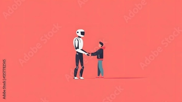 Fototapeta Human and Robot Partnership: A symbolic illustration depicts a handshake between a human and a robot, set against a solid background, symbolizing collaboration and technological advancement.