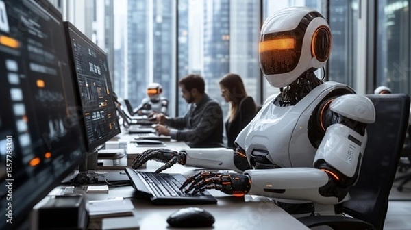 Fototapeta A smart office with robots and humans working together on AI-driven business projects