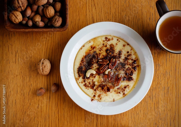 Fototapeta Healthy gluten free porridge cooked from buckwheat and corn semolina and served on white plate with cinnamon, maple syrup, butter and nuts. Top view porridge on wooden table with copy space