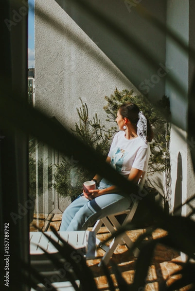 Fototapeta a girl with a mug on the balcony drinks morning tea and takes a break from the hustle and bustle of the city. Lifestyle. morning tea party