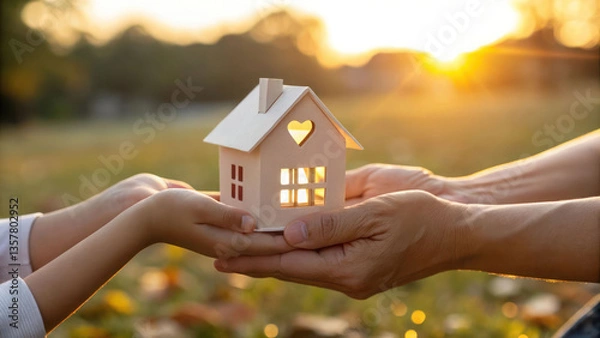 Obraz A comforting and secure image of hands carefully holding a small paper house, with a soft golden glow in the background, representing family safety and home insurance.