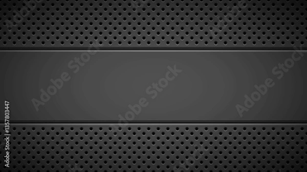 Obraz Black abstract technology background with circle perforated pattern, speaker grill texture and horizontal bevels for presentations and design concepts. Vector illustration.