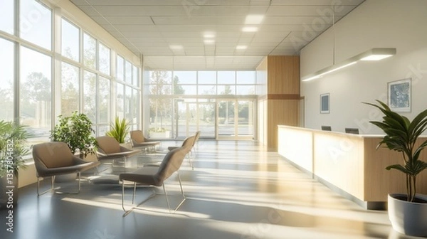 Fototapeta A modern DMV building with large windows, bright interiors, and a minimalist exterior