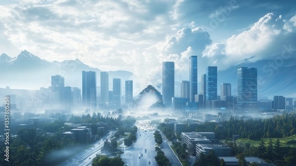 Obraz A modern cityscape disrupted by a powerful earthquake, autonomous systems activating for safety