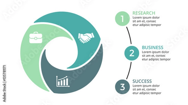 Fototapeta Wektora infographic strzałek koło, schemat cyklu, wykres, wykres prezentacji. Koncepcja biznesowa z 3 opcjami, częściami, krokami, procesami. Szablon slajdu 16x9.
