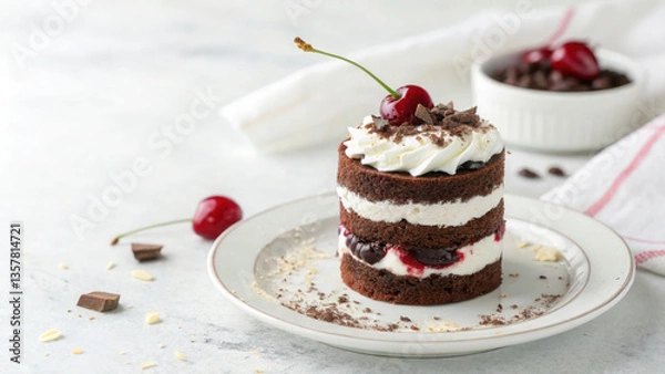 Obraz A single-serving mini Black Forest cake with fluffy whipped cream, rich chocolate sponge layers, and a fresh cherry on top, styled elegantly on a white surface.