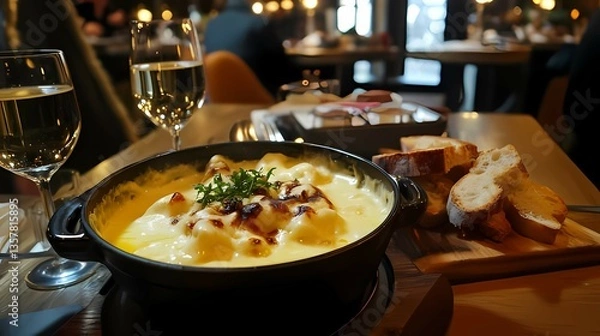 Fototapeta Serving of Creamy Gnocchi with Bread and Wine in Restaurant Setting