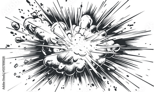 Fototapeta Black and white comic-style explosion with dynamic burst lines.