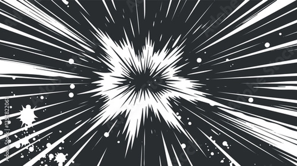 Fototapeta Dynamic comic-style explosion with black and white radial lines.