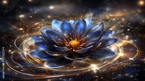 Obraz Cosmic Lotus Flower in Dark Space with Glowing Lights and Swirling Energy Background for Serenity