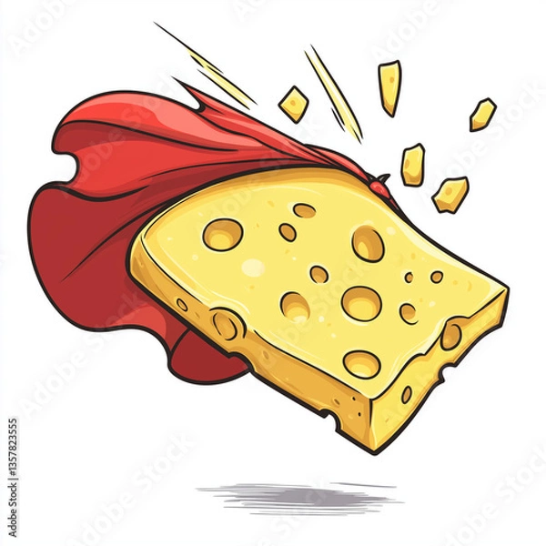 Obraz Cartoon cheese slice flying with a red superhero cape, pieces breaking off as it zooms through the air with power.