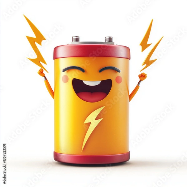 Fototapeta Powerful cartoon battery character with a lightning symbol, raising fists and releasing electric energy in excitement.