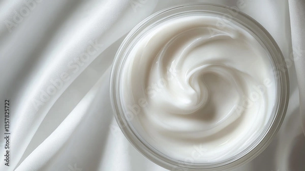 Fototapeta Close-up of a smooth, white cream swirled inside a jar.
