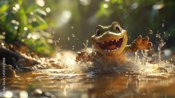 Fototapeta Joyful Alligator Splashing in a Sunny Creek
