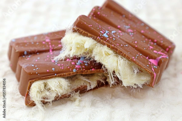 Fototapeta Trendy milk Angel Hair Chocolate bar with Turkish pishmaniye cotton candy filling close up