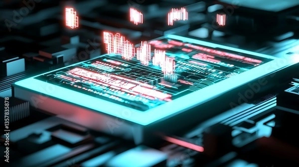 Obraz Abstract Digital Circuit Board with Glowing Data Transmission Pulses and Futuristic Technology Elements