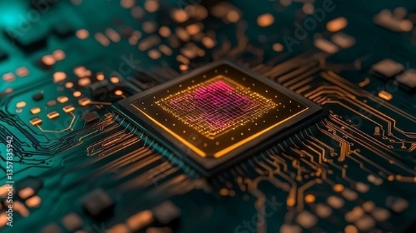 Obraz Advanced Microchip on Circuit Board with Complex Patterns and Vibrant Colors for Technology Visuals
