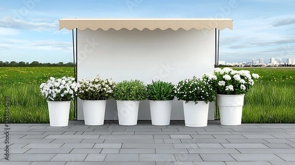 Obraz Beautiful Display of Potted Flowers Against Calm Landscape with Green Field and Cityscape in Background