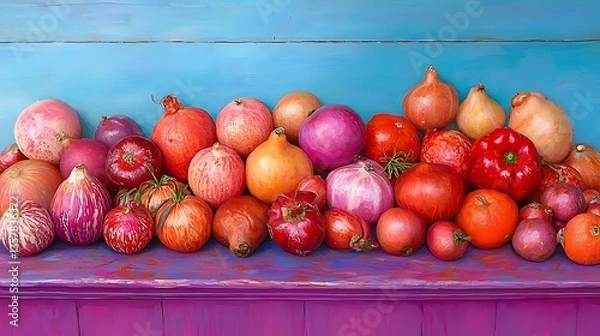 Obraz Vibrant Collection of Fresh Fruits and Vegetables in Various Shades of Red and Pink on Colorful Background