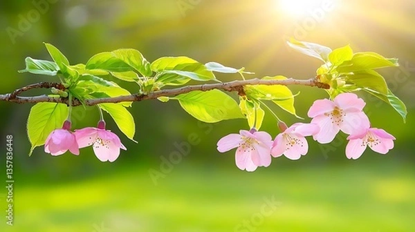 Obraz Delicate Pink Blossoms on Branch with Bright Sunlight in Fresh Green Background During Spring Season