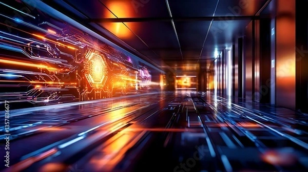Obraz Futuristic Technology Corridor with Colorful Lights and Digital Circuit Patterns in a Sci-Fi Environment