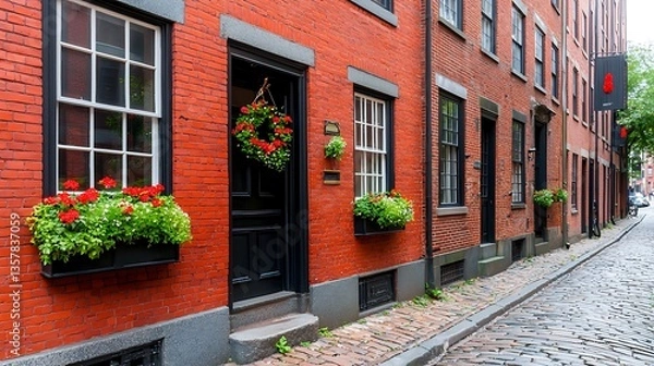 Obraz Charming Red Brick Buildings with Flower Boxes in Historic Cobblestone Street