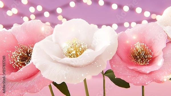 Obraz Beautiful delicate flowers with soft petals and golden centers against a dreamy bokeh background