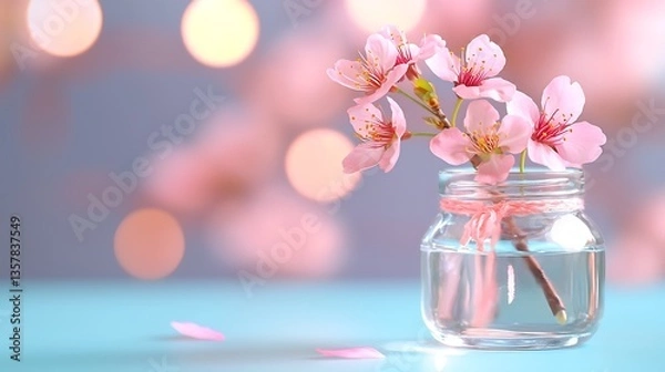 Obraz Delicate Cherry Blossom Branch in Glass Jar with Soft Pink Bokeh Background for Spring Decor