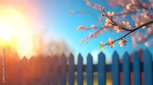 Obraz Delicate Cherry Blossom Branch Against a Soft Sunrise with a Blue Fence in a Serene Landscape Setting