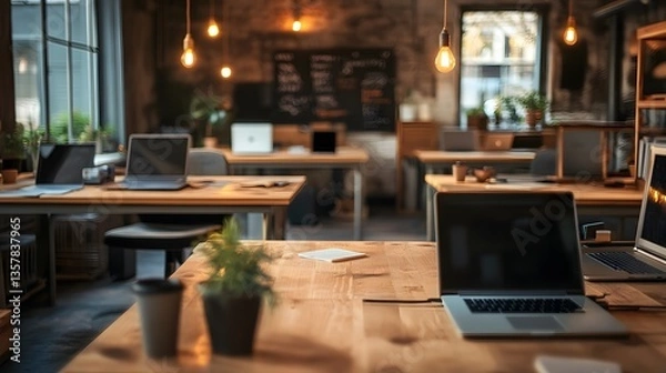 Fototapeta Cozy Workspace Ambiance: Laptops and office supplies on wooden desks under soft lightbulbs, creating a comfortable atmosphere of modern business life. 