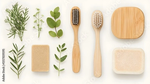 Fototapeta Eco-Friendly Routine: An overhead shot of a carefully curated arrangement featuring eco-friendly toiletries, with a selection of vibrant greenery accenting the scene, promoting sustainable living
