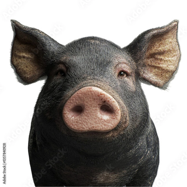 Fototapeta A curious pigs face stares intently forward showing dark fur and a pink nose