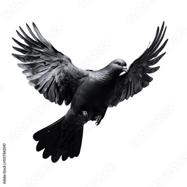 Fototapeta Black pigeon in flight powerful wings abstract background