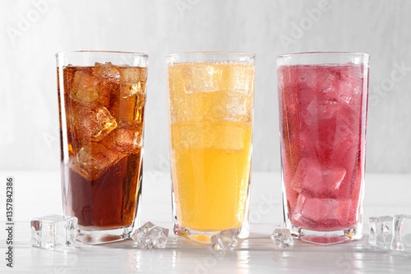 Fototapeta Soda water of different flavors in glasses with ice cubes on white wooden table