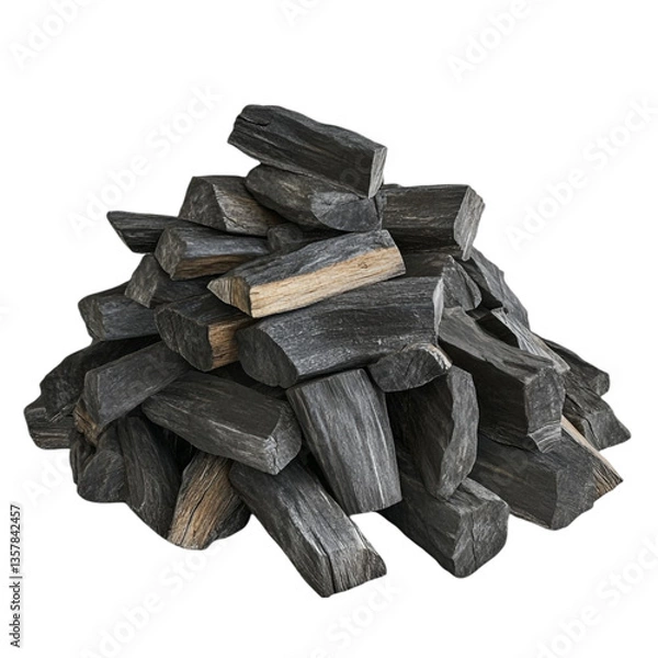 Fototapeta A dark pile of charcoal logs ready for a fire warmth and cozy ambiance