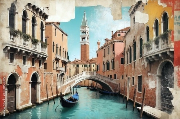 Obraz Canal view in Venice with historic buildings and a bridge during a clear day