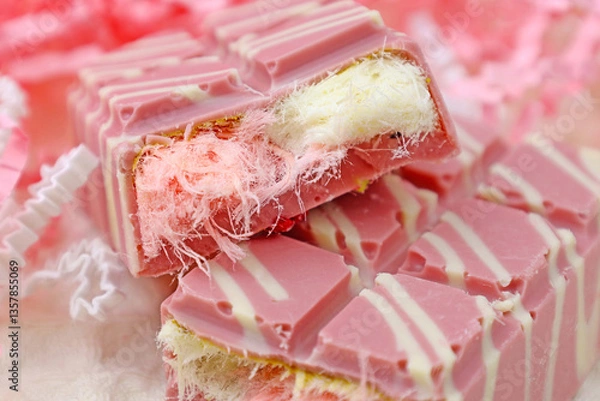 Fototapeta Trendy pink Angel Hair Chocolate bar with Turkish pishmaniye cotton candy filling close up