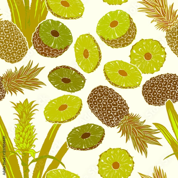 Obraz Pineapple seamless pattern with tropical leaves and fruit 