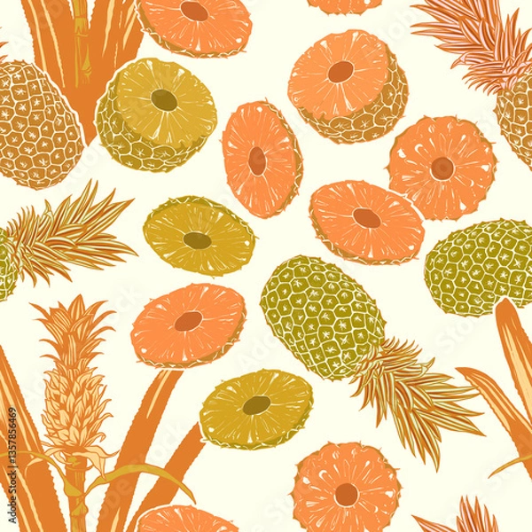 Obraz Pineapple seamless pattern with tropical leaves and fruit 